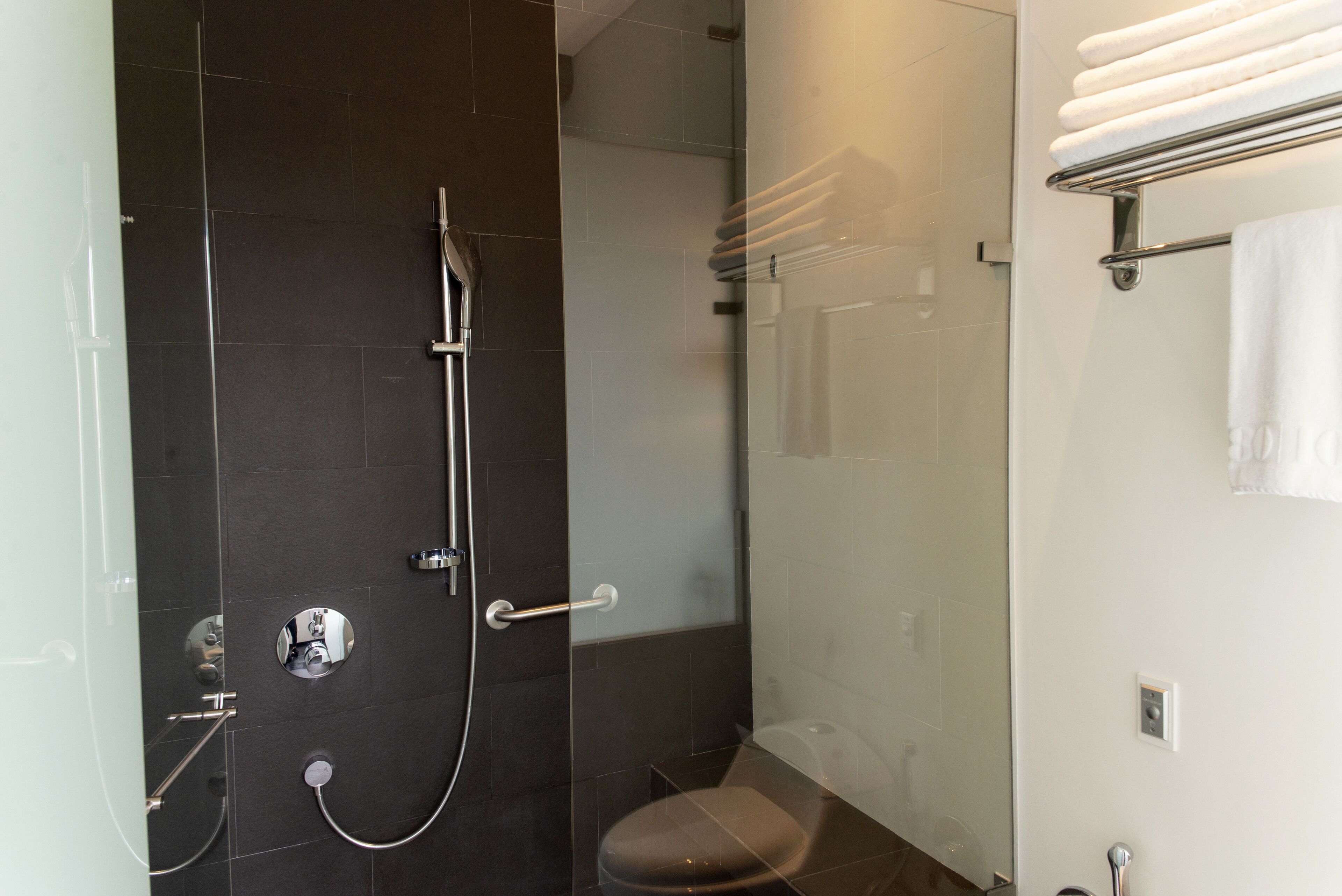 Un baño moderno con ducha de vidrio, inodoro y perchero para toallas.