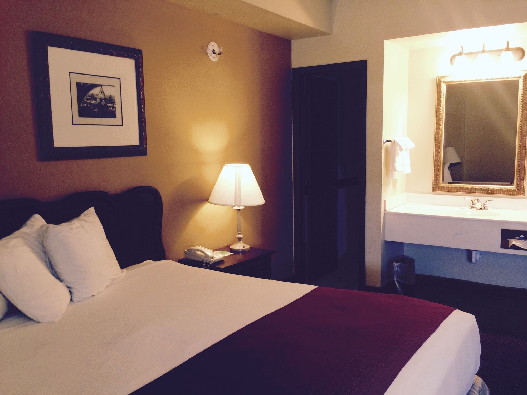 A hotel room with a bed, a bedside lamp, a framed picture on the wall, a mirror above the sink, and a towel hanging on the wall.