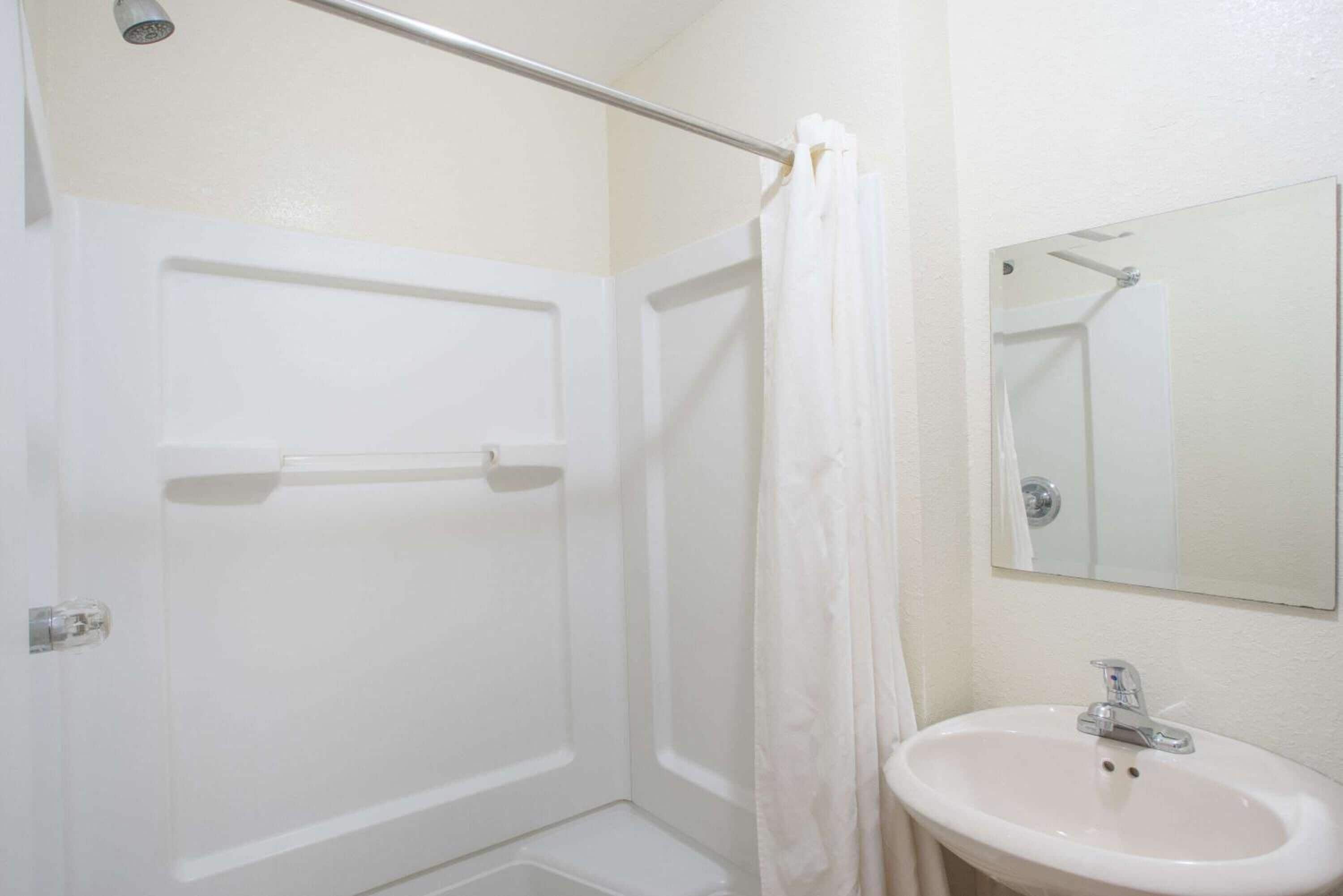 A bathroom with a shower, a sink, and a mirror.