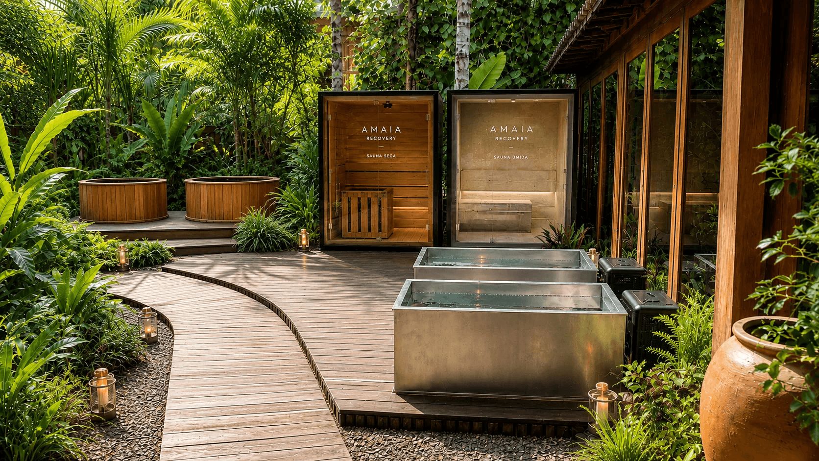 Área de spa com passarelas de madeira, duas salas de sauna identificadas como 'SAUNA SECA' e 'SAUNA UMIDA', e um elemento aquático.