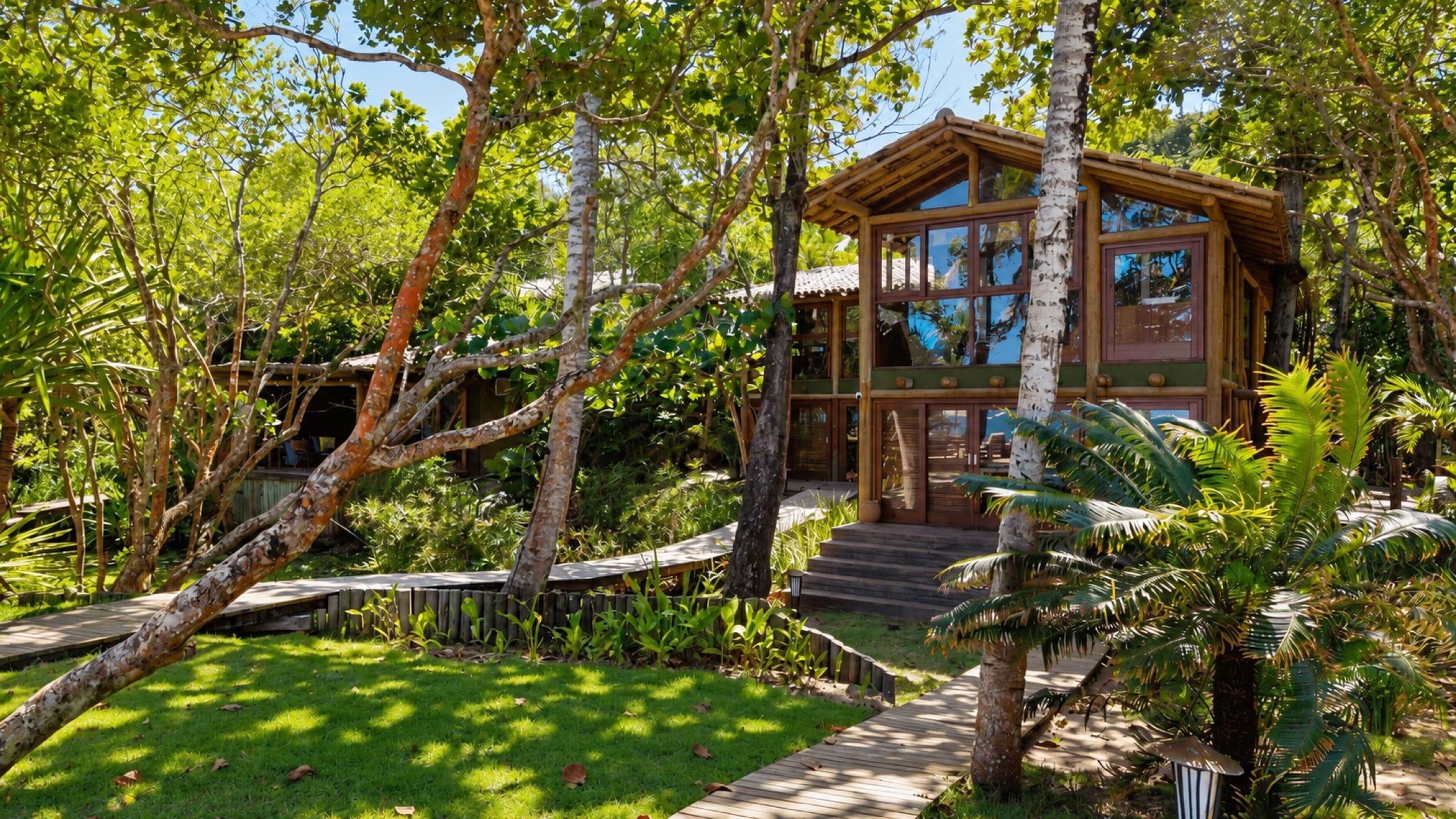 Uma cabana de madeira rodeada por vegetação exuberante, com um alpendre de madeira que conduz à entrada.