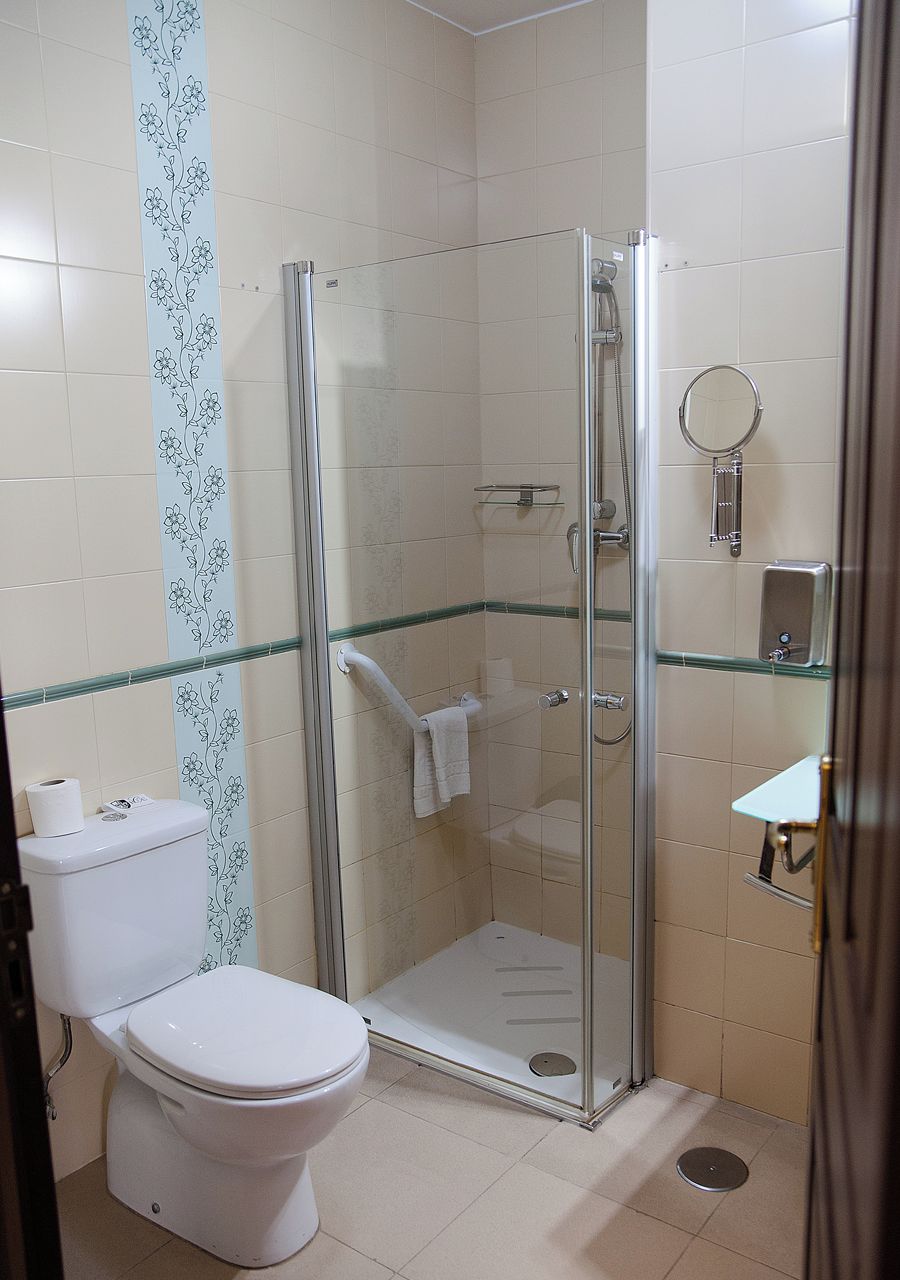 Un baño con ducha envuelta en vidrio, un inodoro y un lavamanos pequeño con espejo.
