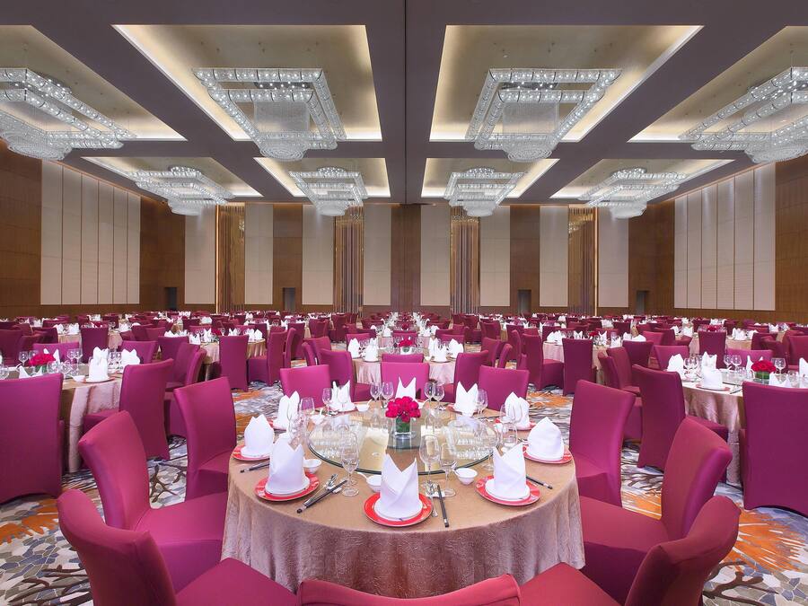 Une salle de banquet avec des tables rondes dressées pour le repas, agrémentée de chaises roses et de nappes blanches.