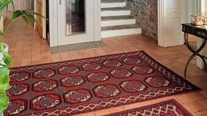 Un escalier avec des murs en pierre, une porte blanche et un tapis rouge à motifs.