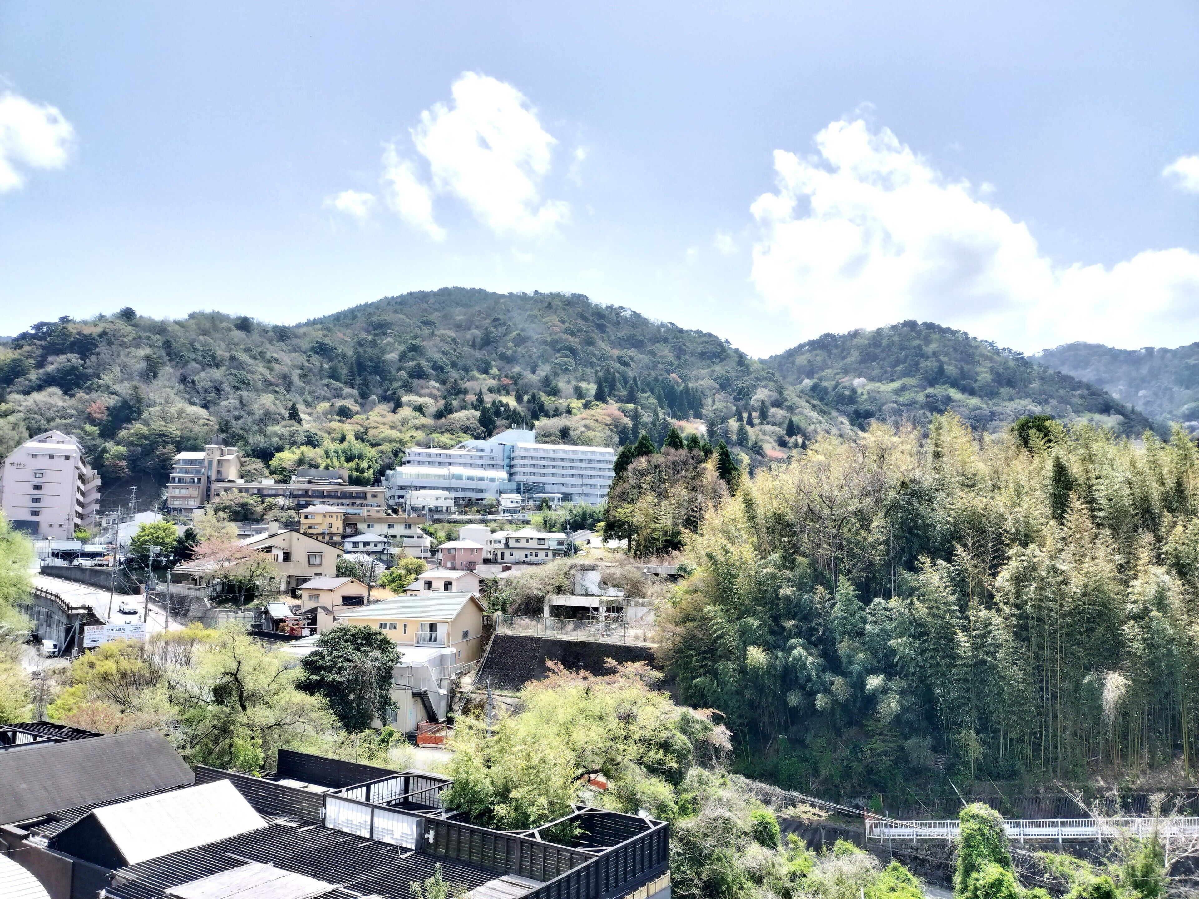 A residential area with buildings, a bridge, and a forested hillside.