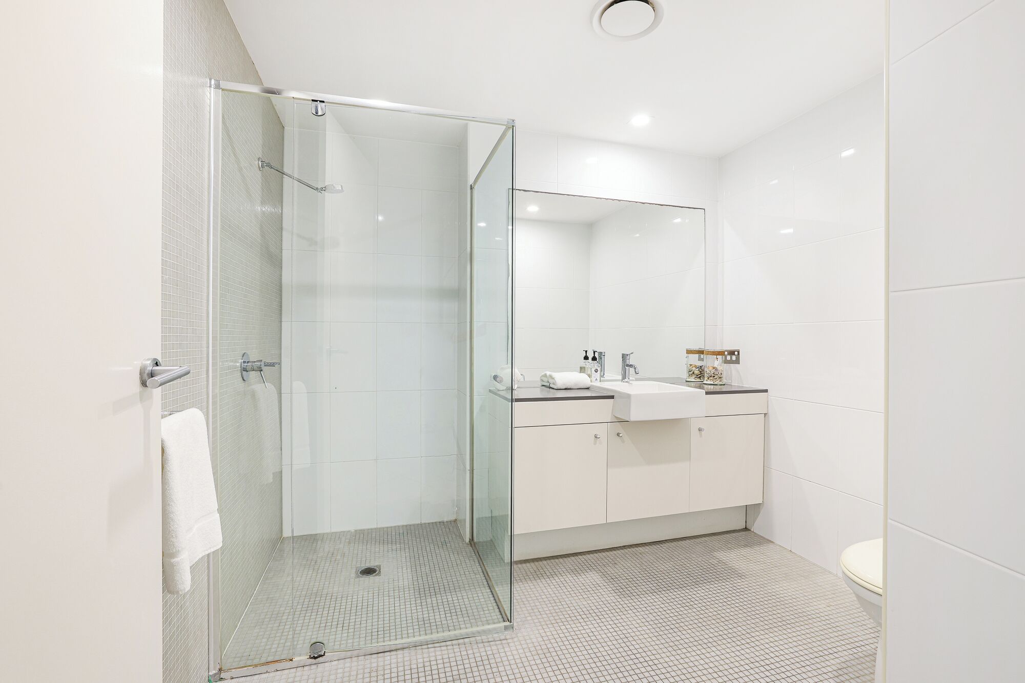 A modern bathroom with a glass shower enclosure, a white sink, and a large mirror.