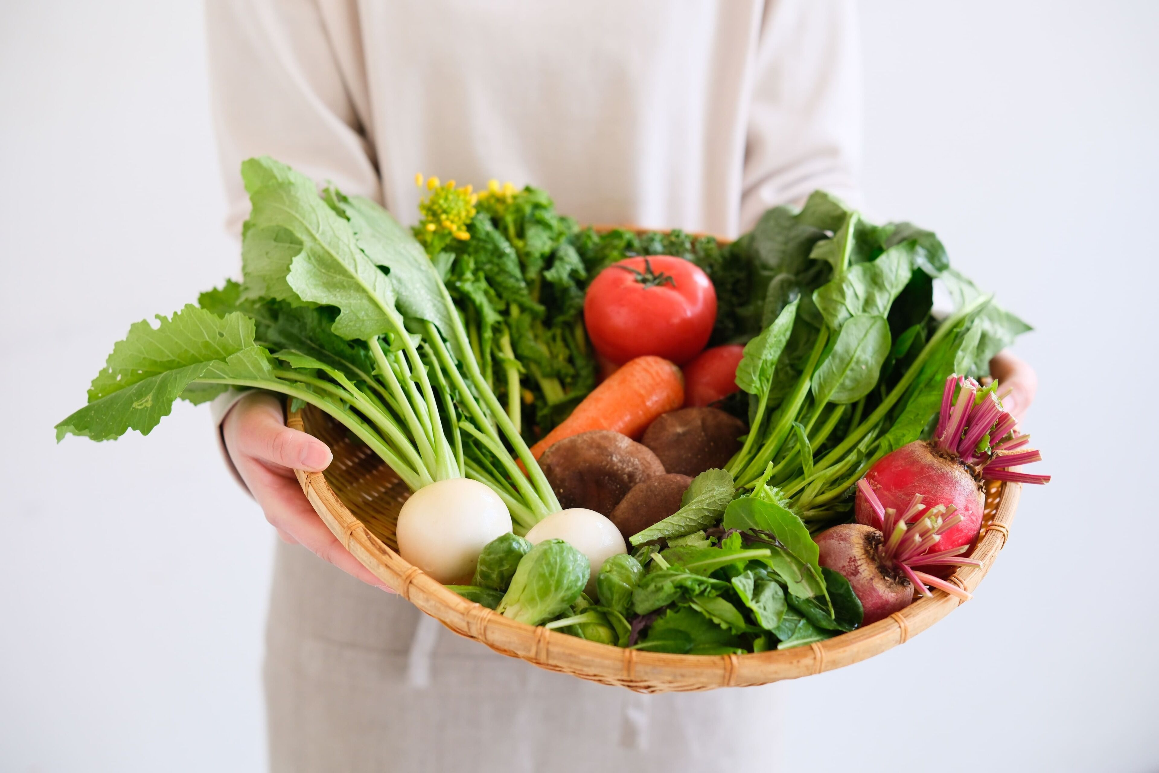 Una persona sostiene una cesta llena de verduras y huevos.