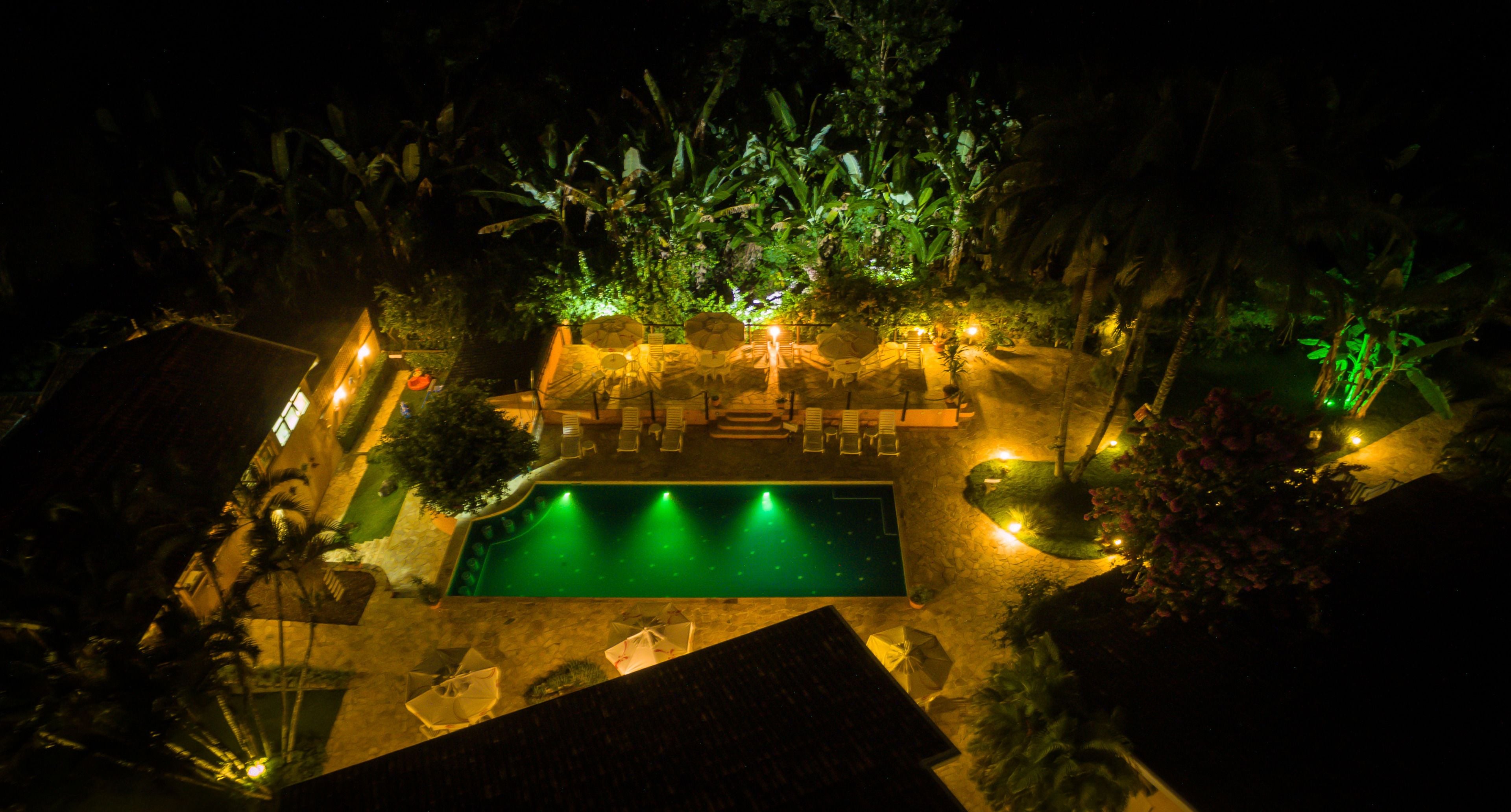 outdoor pool, pool umbrellas, pool loungers