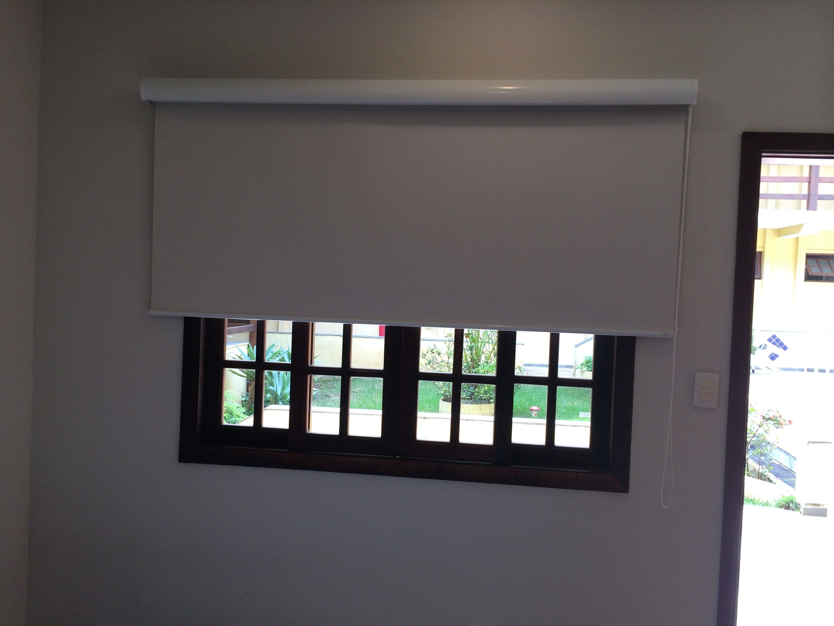 A room with a window covered by a white roller blind, a door with a glass panel, and a view of a street with buildings and greenery outside.