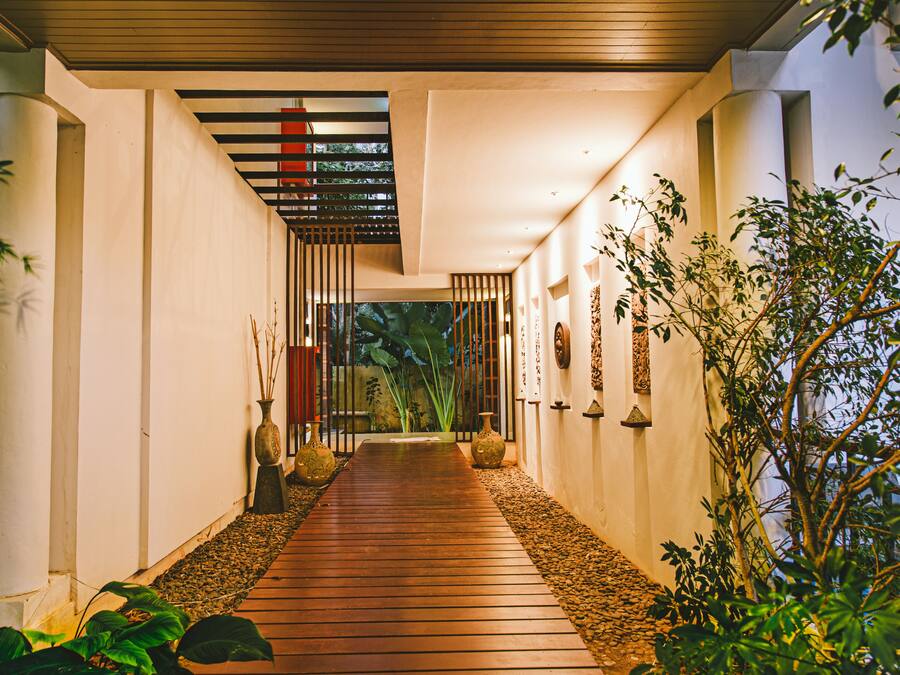 A modern interior corridor with a wooden floor, white walls, and decorative plants.
