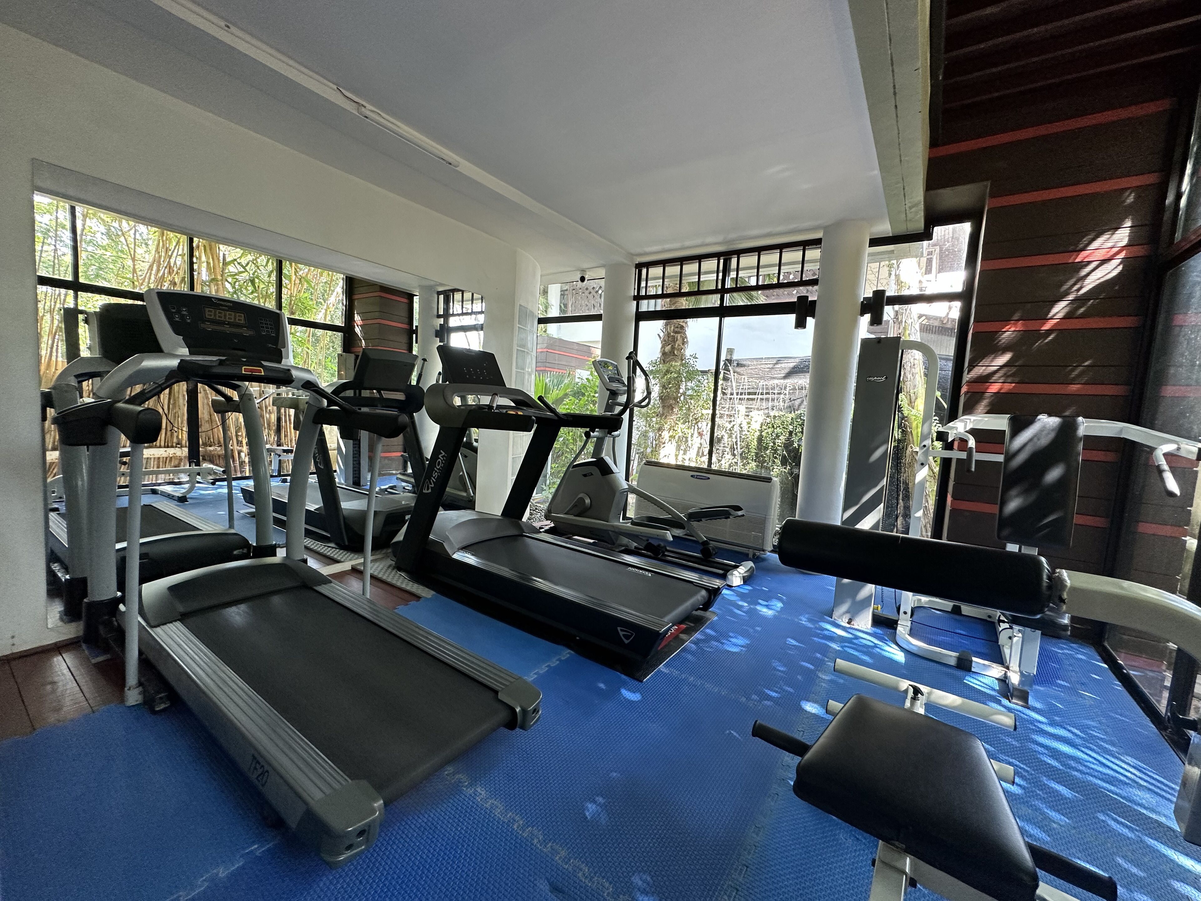 A gym with treadmills, a bench press, and a rowing machine.