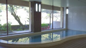 A swimming pool with tiled walls and a curved edge, large windows, and a view of trees and a red bench outside. - Seizansou (Uji)