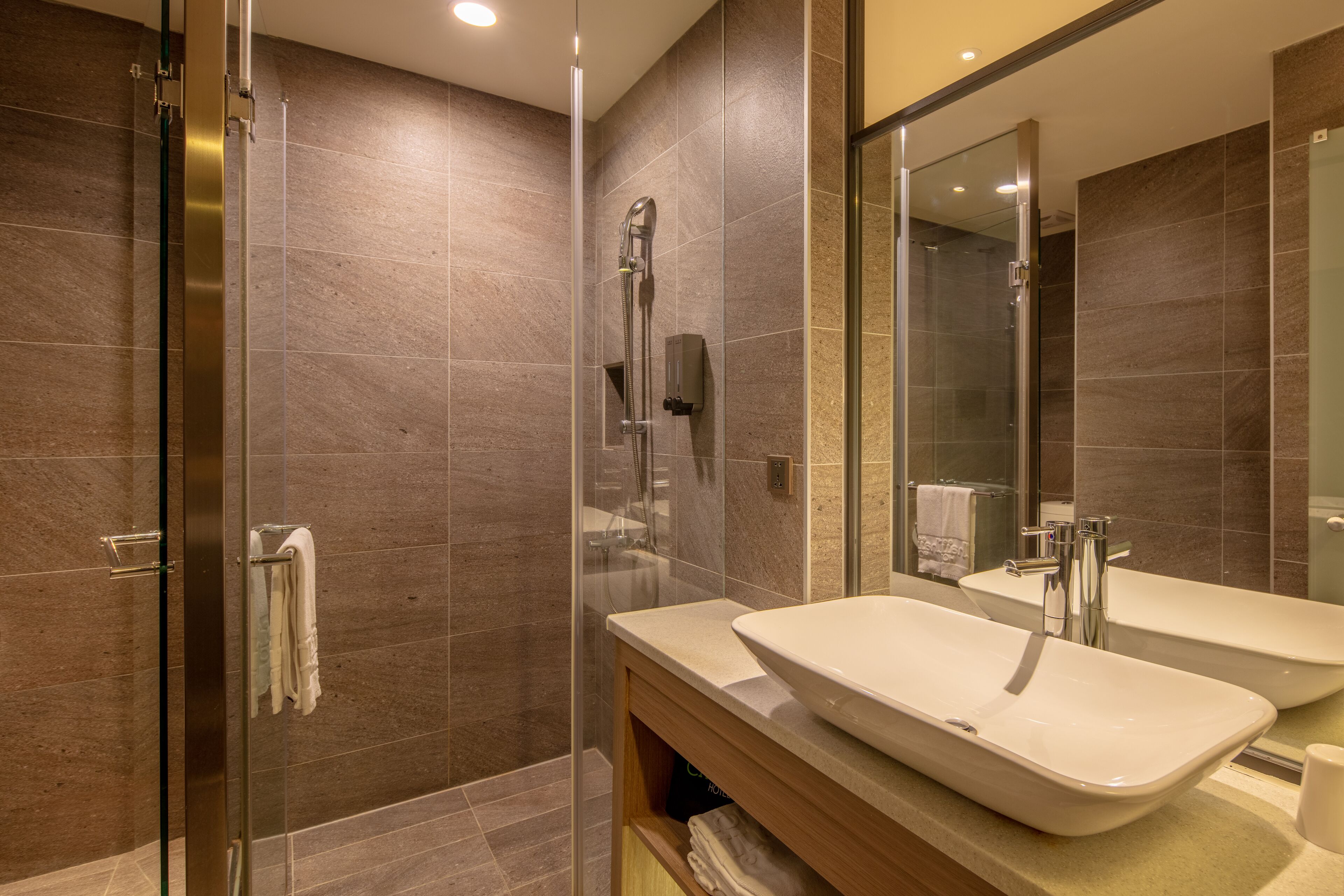 hair dryer, slippers, towels, shampoo