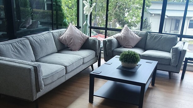 Una sala de estar moderna con un sofá gris, dos sillones, una mesa de centro con una planta y ventanas amplias que ofrecen vistas a zonas verdes y edificios.