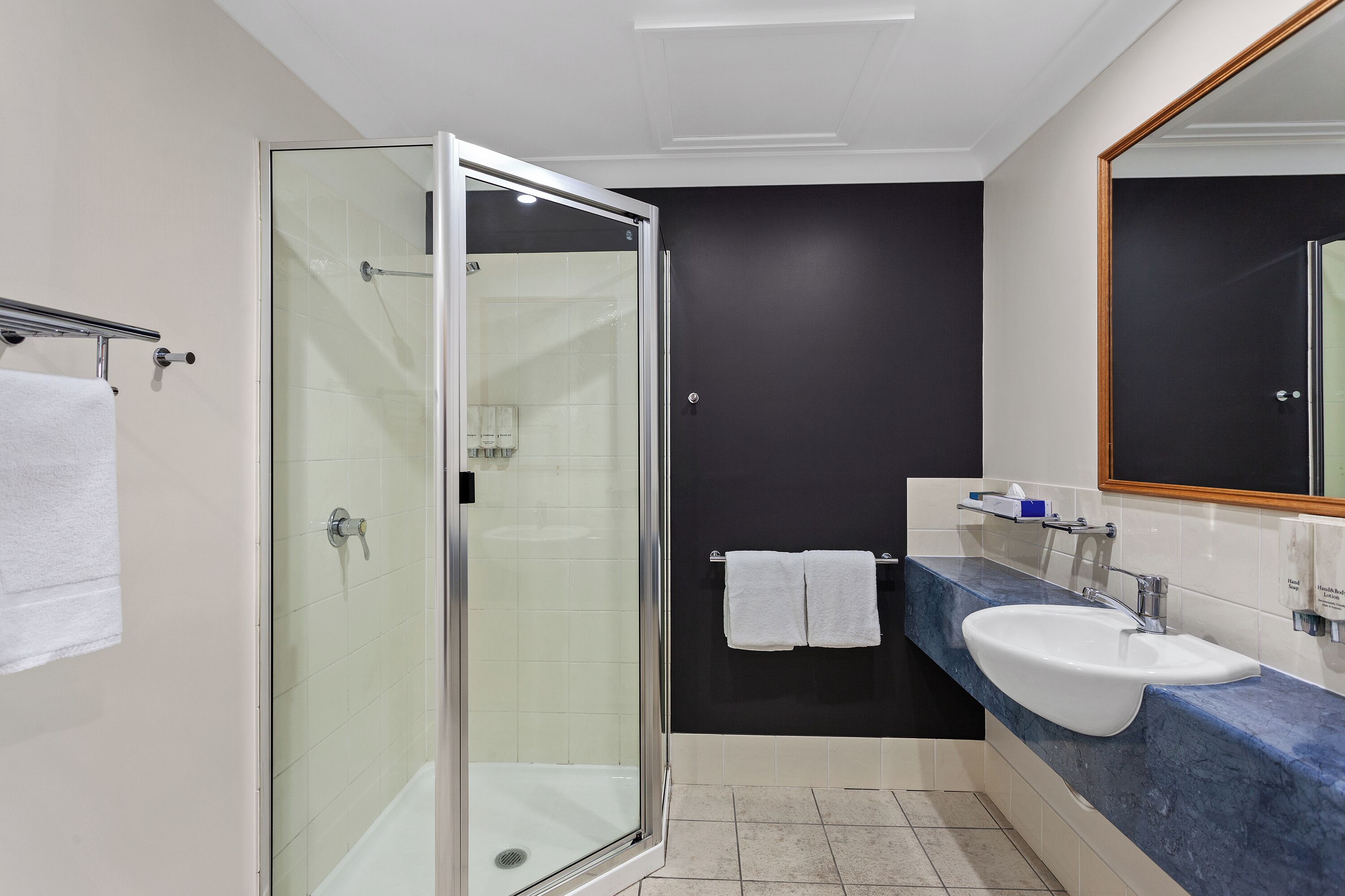 Une salle de bain moderne avec une douche à parois de verre, un lavabo blanc et un mur d’accent de couleur foncée.