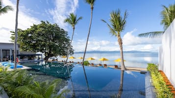 Outdoor pool, pool umbrellas, pool loungers