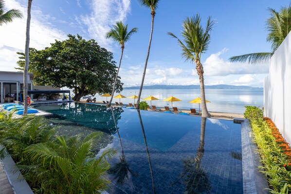 Outdoor pool, pool umbrellas, pool loungers