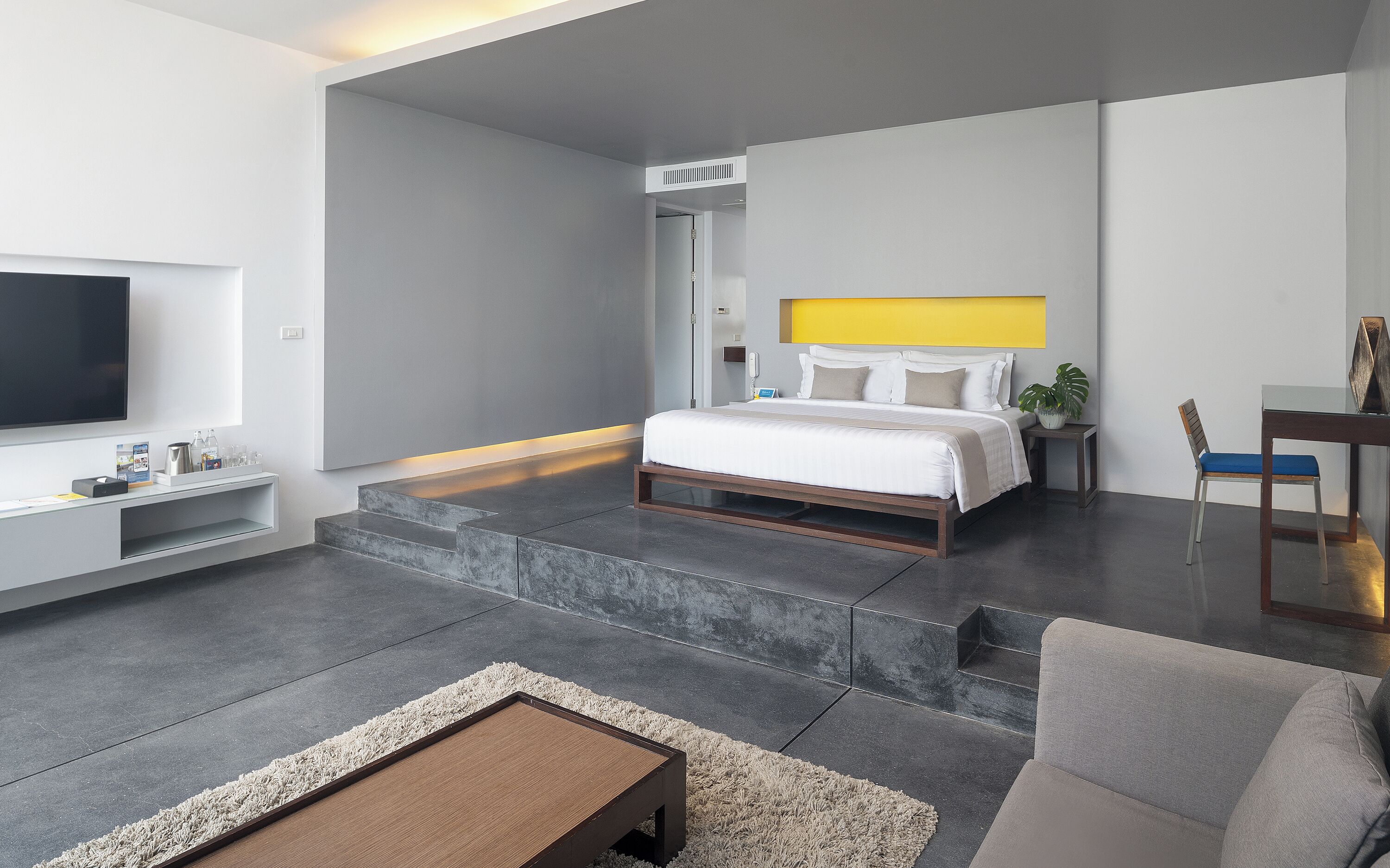 A modern hotel room with a large bed, a flat-screen TV, a desk with a chair, and a small plant.