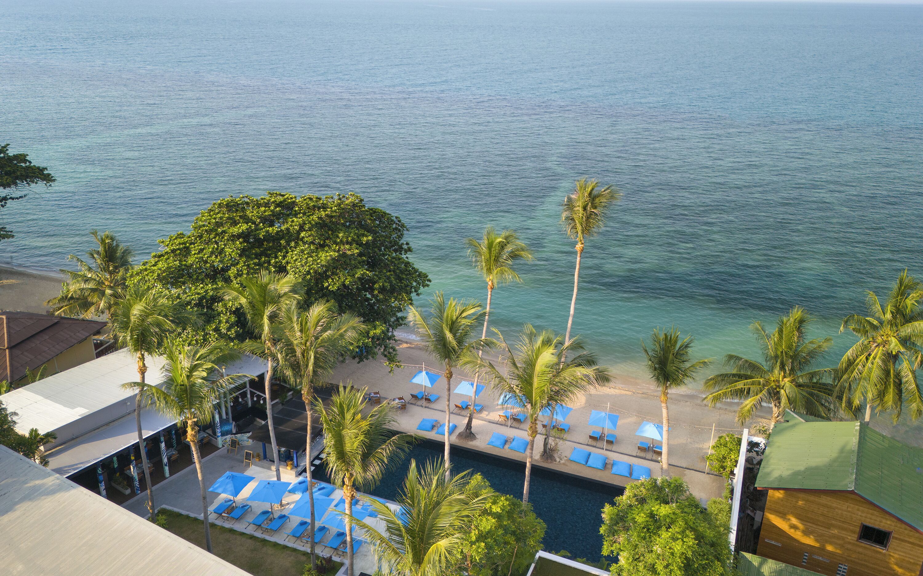 A resort with a pool area, palm trees, and a view of the ocean.