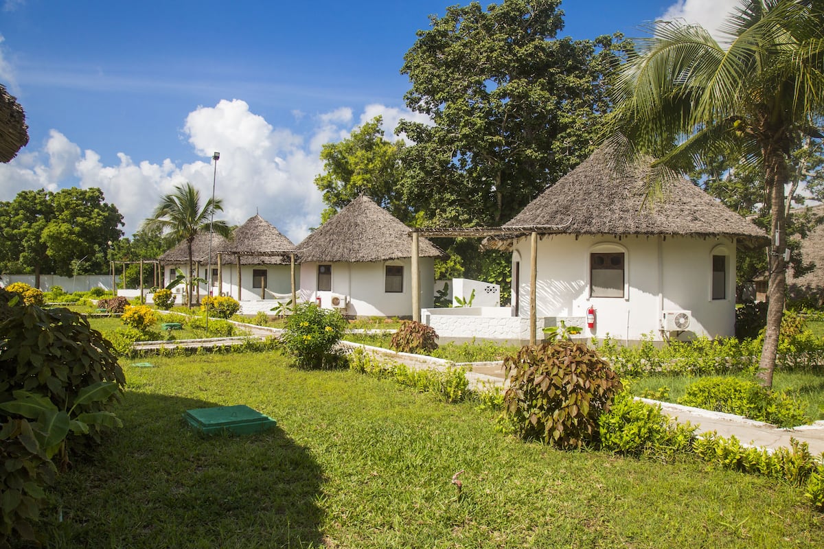 A row of thatched-roof cottages with white walls, surrounded by lush greenery and palm trees.