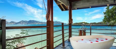 Separate bathtub and shower, deep-soaking bathtub, rainfall showerhead