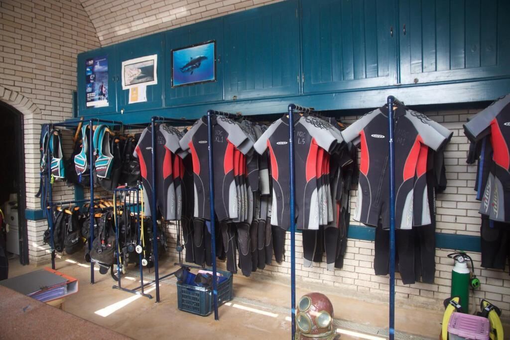 A diving gear shop with rows of wetsuits and diving equipment.