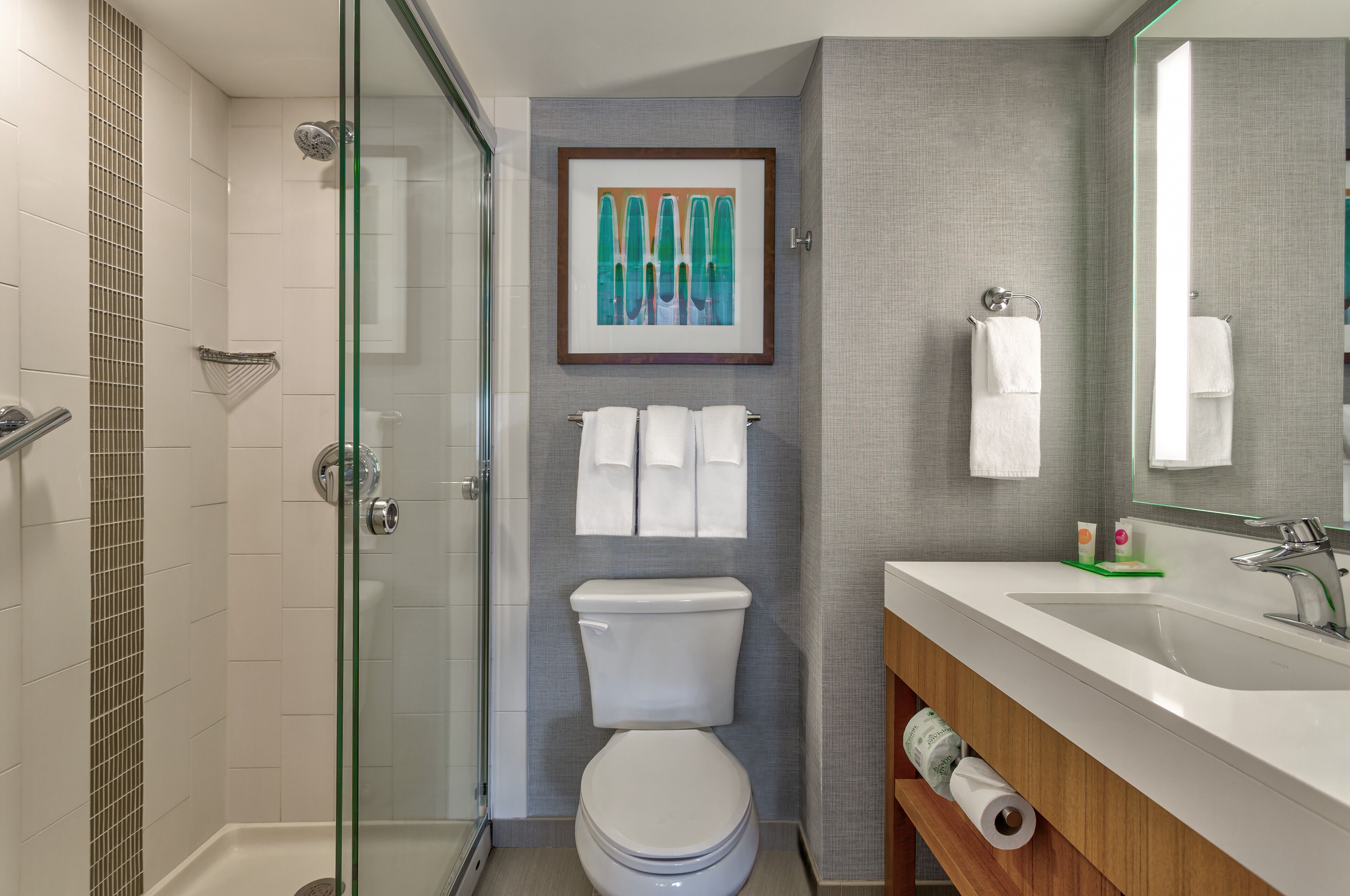 designer toiletries, hair dryer, towels