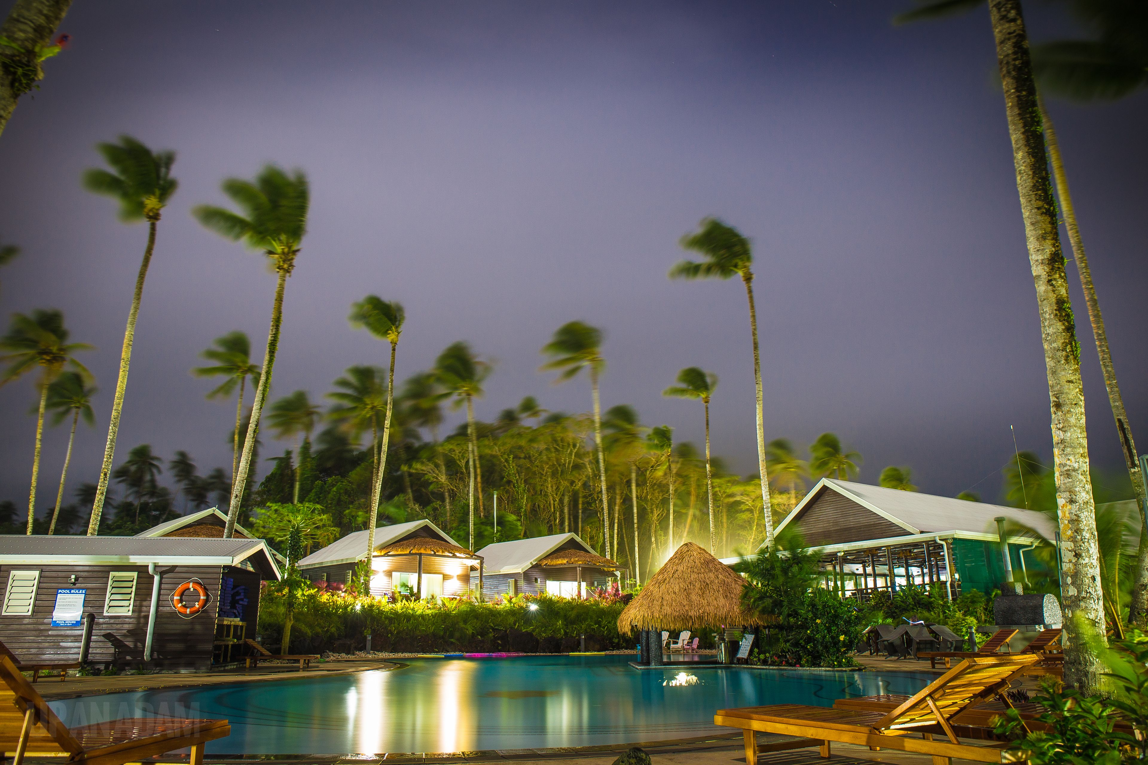 Un resort con piscina, cabañas de techo de paja y palmeras.