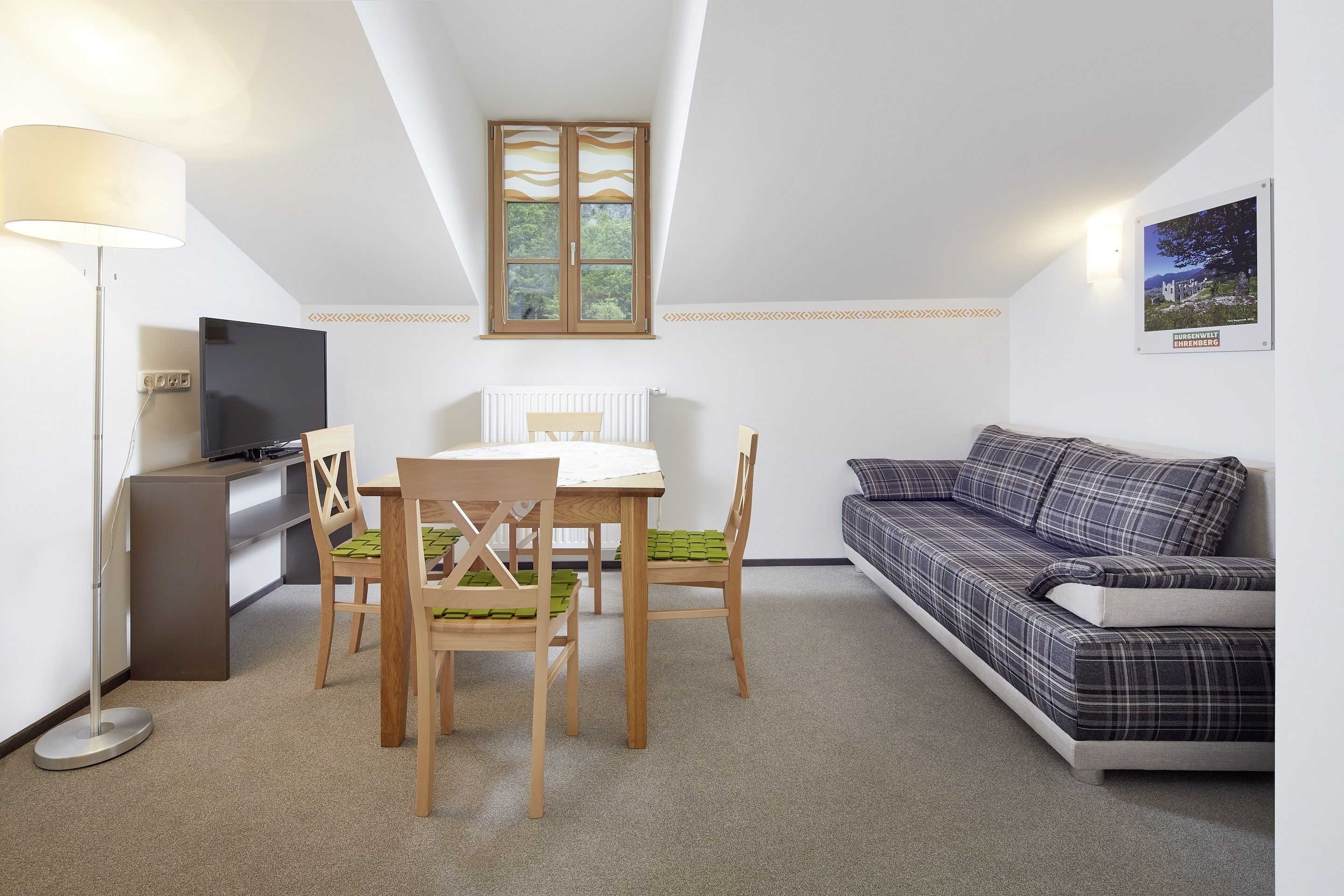 A compact living space with a dining table, two chairs, a sofa, a TV, and a radiator.