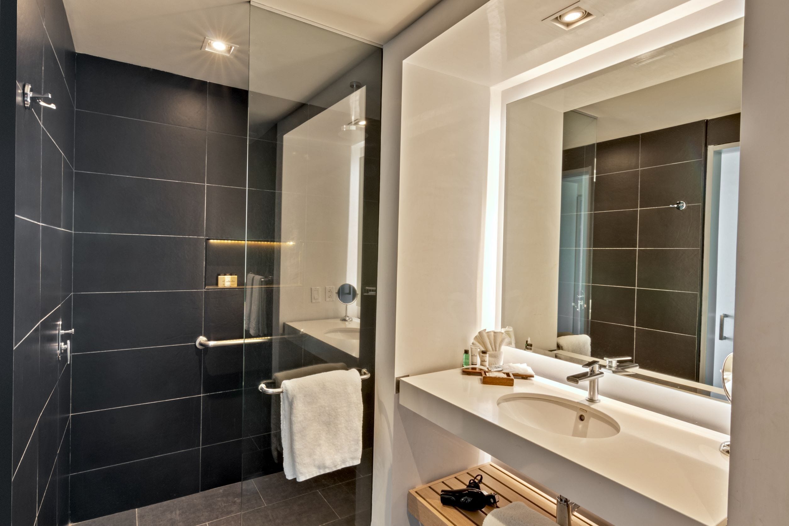 shower, eco-friendly toiletries, hair dryer, towels