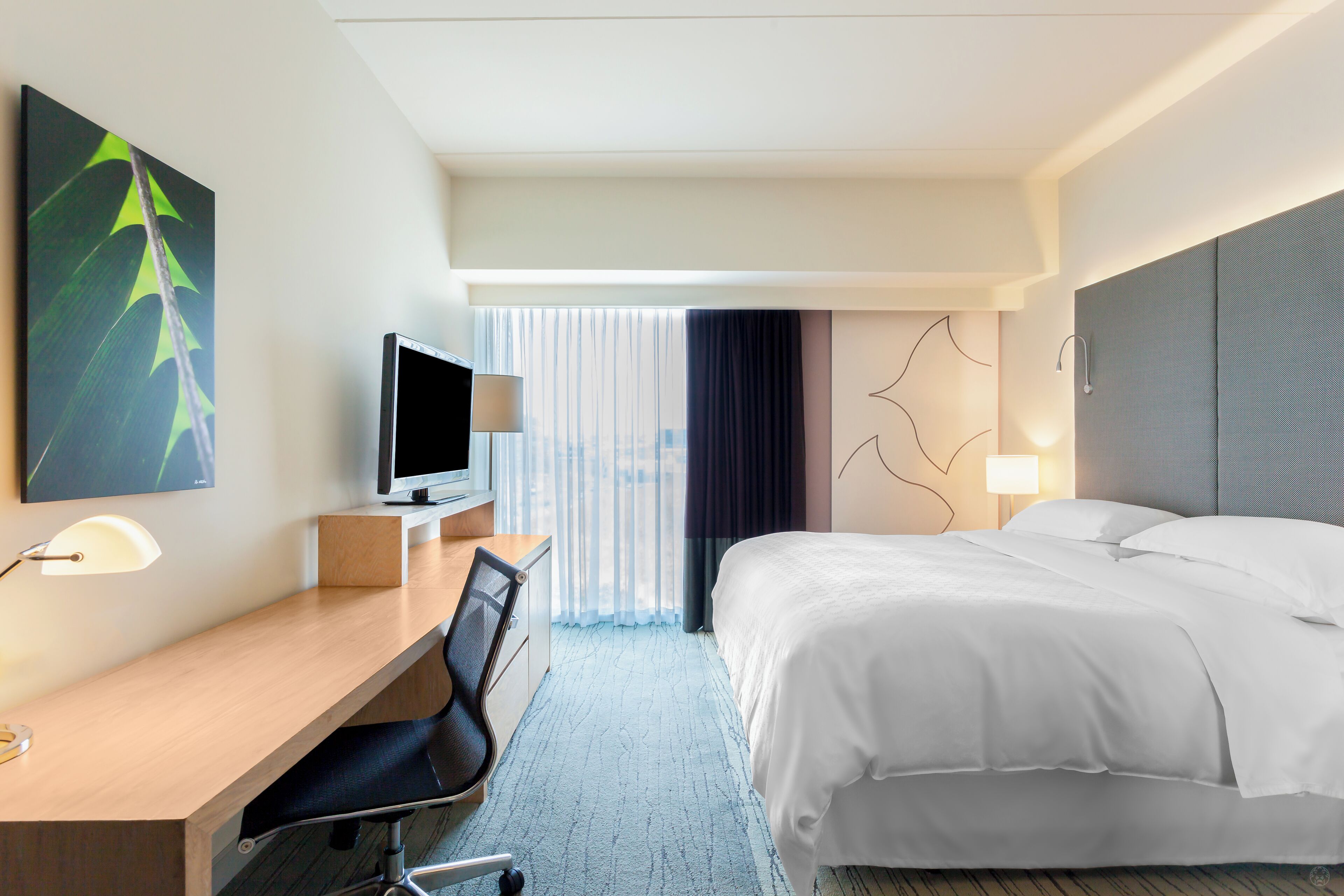 A hotel room with a bed, a desk with a chair, a TV, a lamp, and a window with curtains.