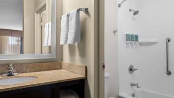 Un bagno con lavabo su piano in granito, uno specchio, due asciugamani bianchi, una doccia con soffione manuale e un water.