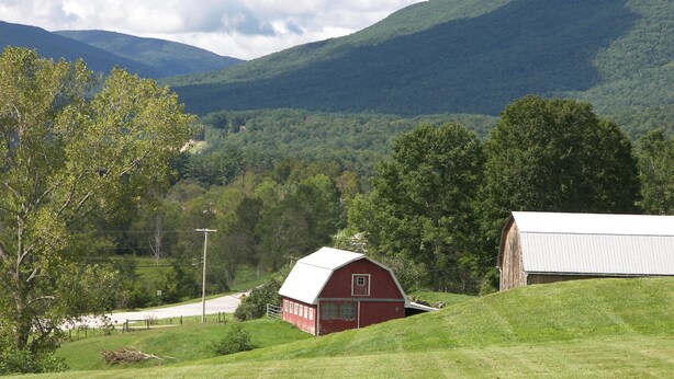 A rural landscape with a red barn and a white barn, surrounded by lush green hills and a clear sky. - North Shire Lodge (Manchester Center)