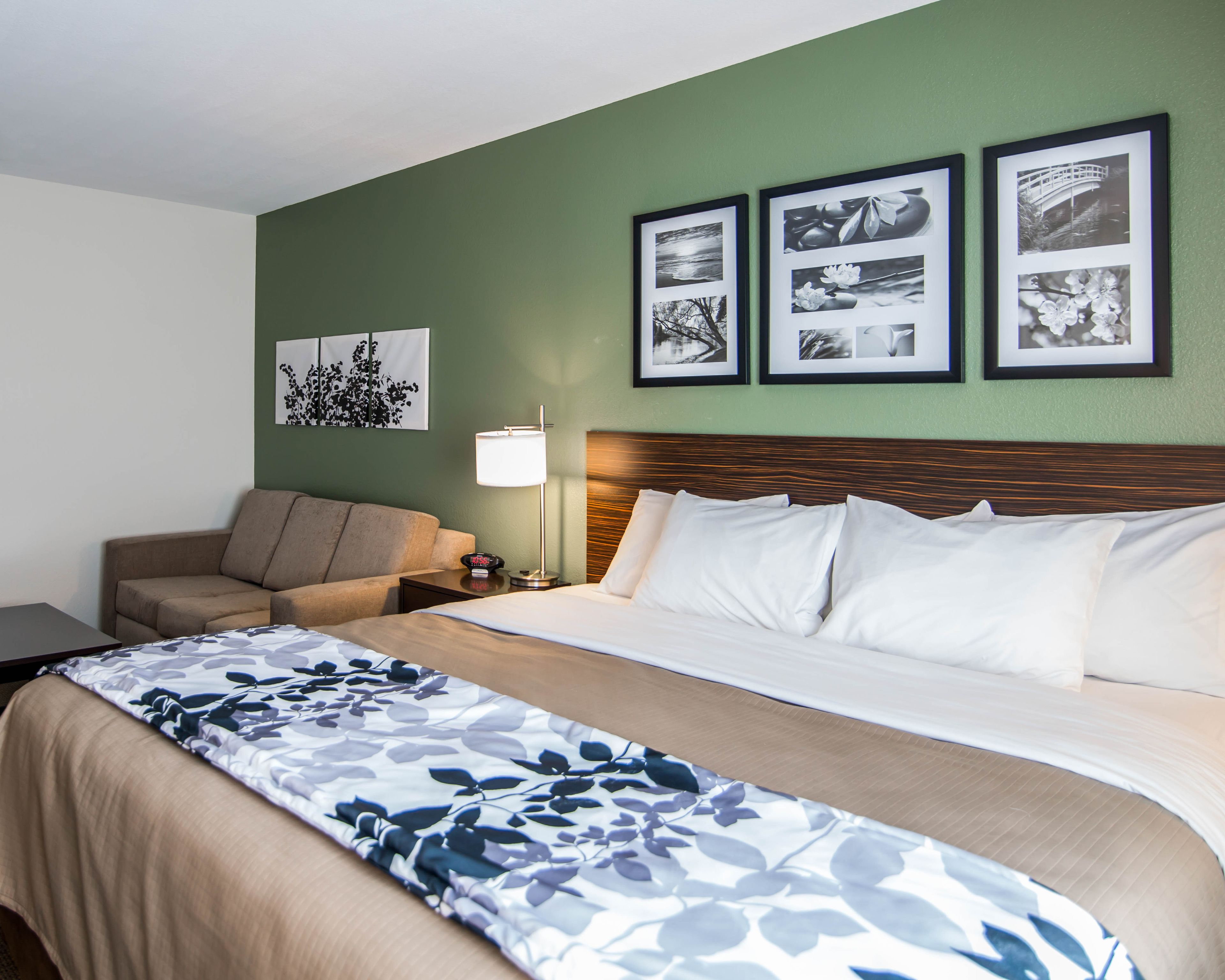A hotel room with a bed, a sofa, a nightstand, and framed pictures on the wall.