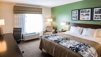 Habitación de hotel con cama, escritorio, silla, lámpara y un cuadro en la pared.
