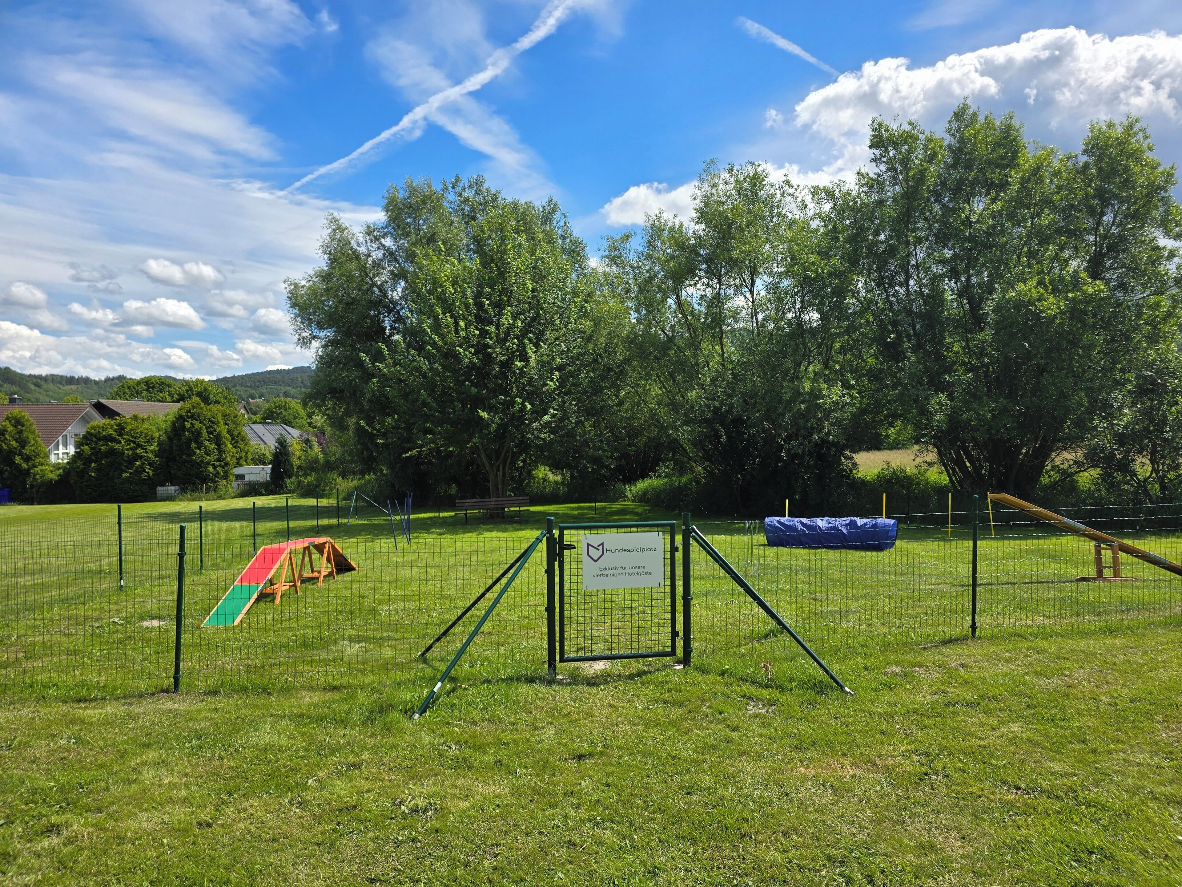 A fenced dog park with a swing set and a seesaw, surrounded by trees and houses in the background.