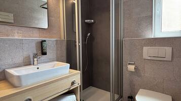 A modern bathroom with a glass-enclosed shower, a sink with a mirror, and a toilet.