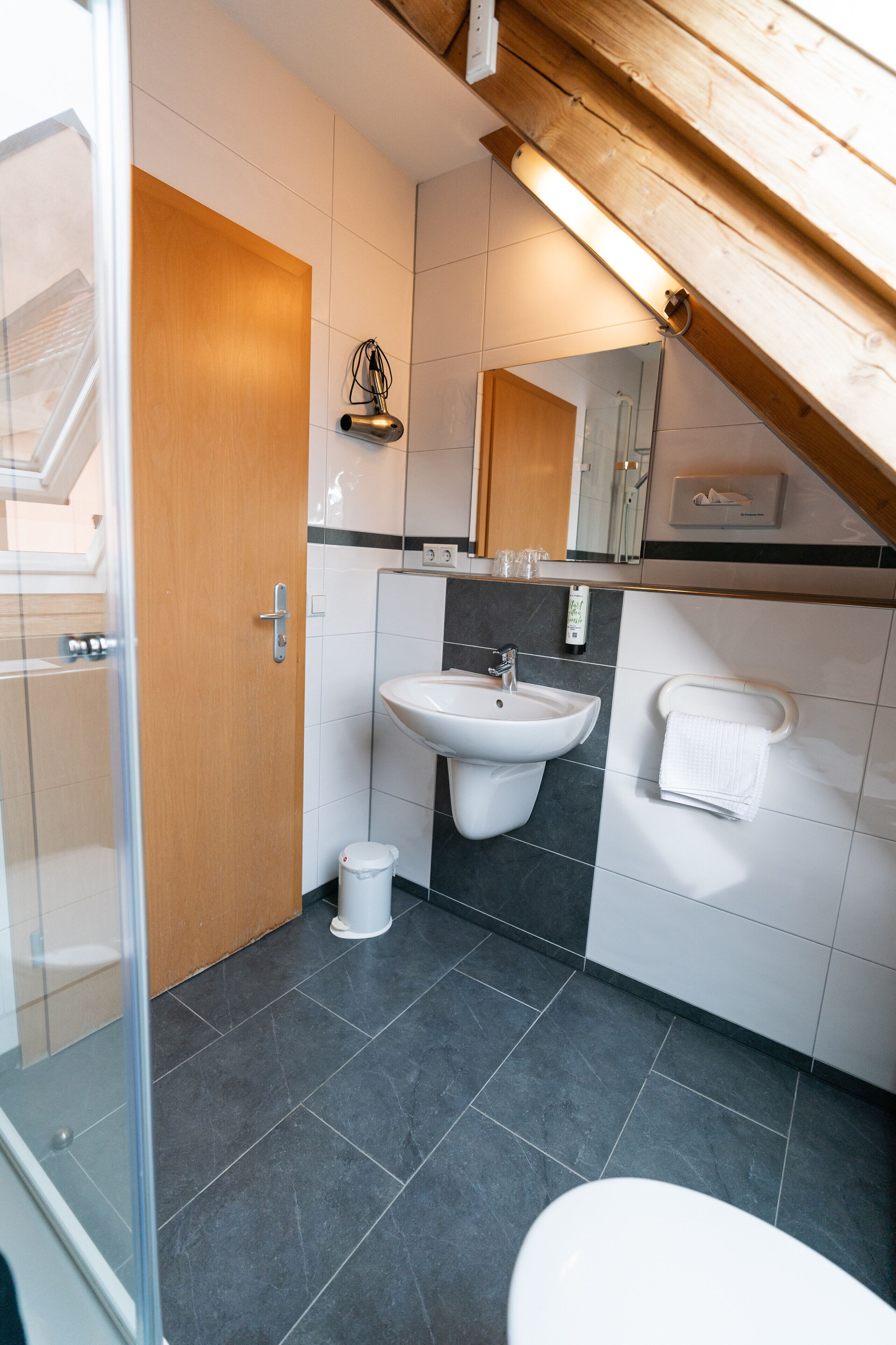 Un baño moderno con ducha, lavamanos e inodoro.