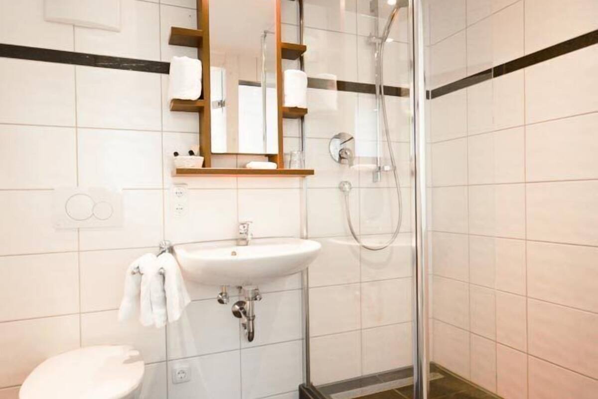 shower, free toiletries, hair dryer, slippers