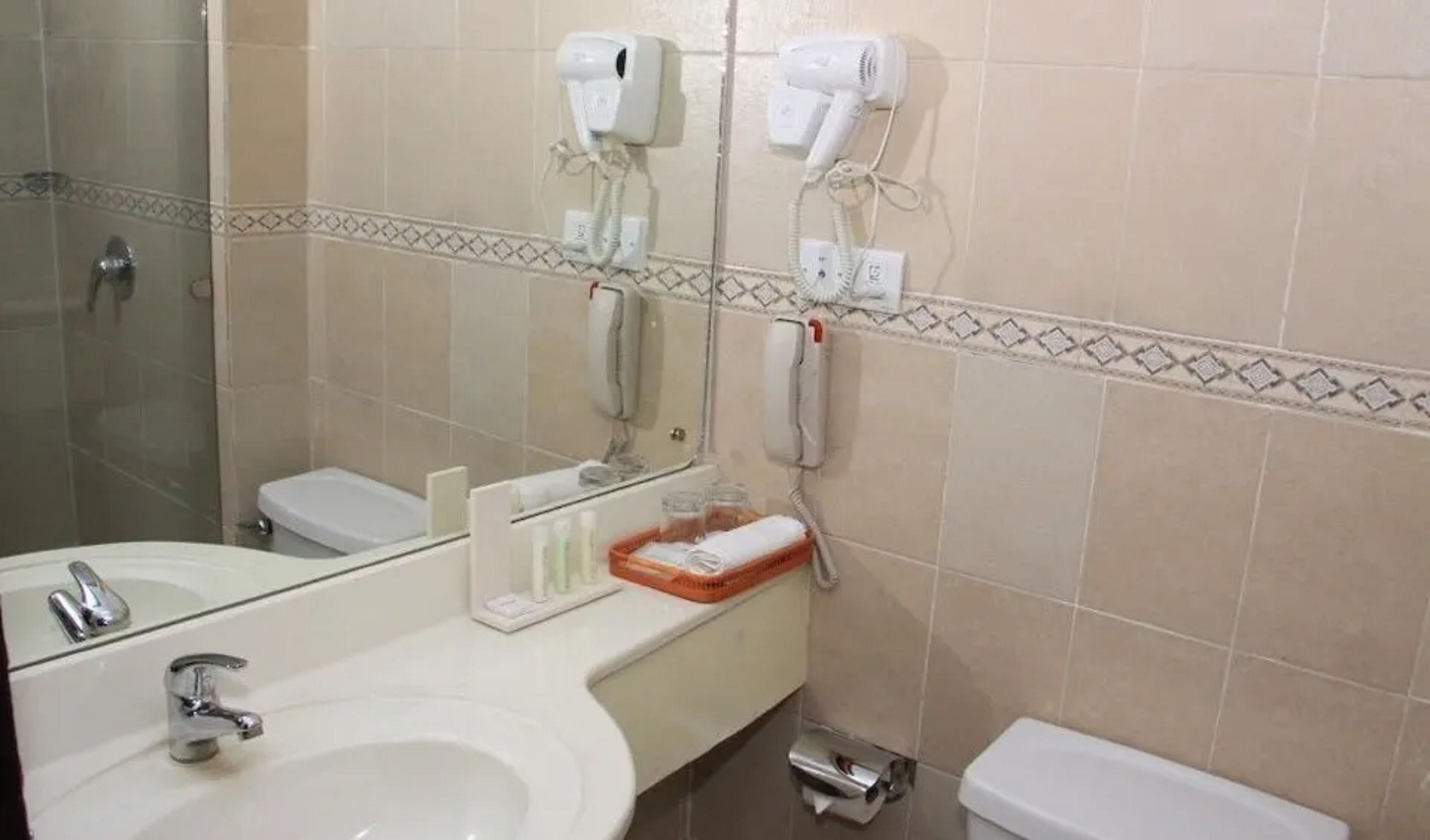 A bathroom with a sink, mirror, hairdryer, and toilet.