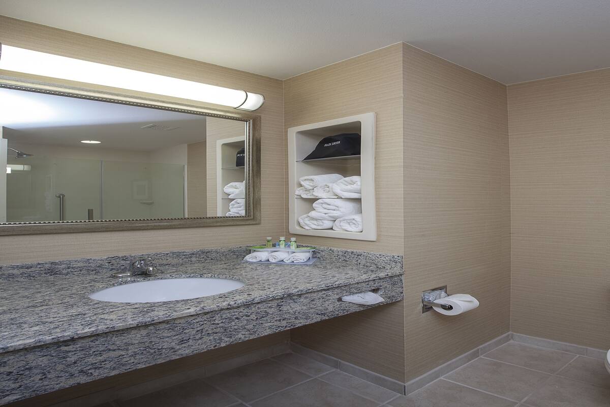 Un baño con encimera de granito, dos lavabos, inodoro, toallero e imagen enmarcada en la pared.