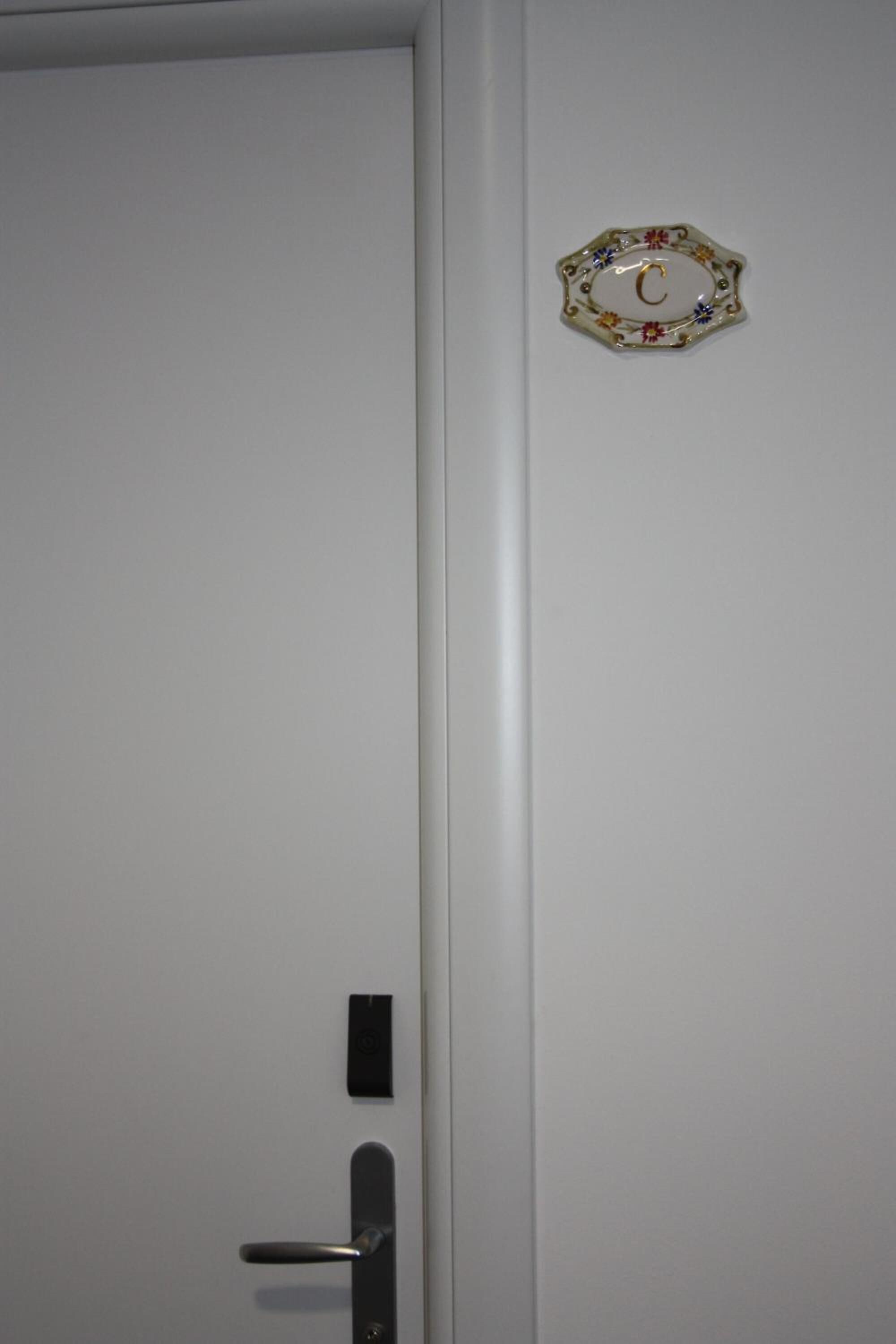 A closed door with a modern handle and a small, decorative plate above it.