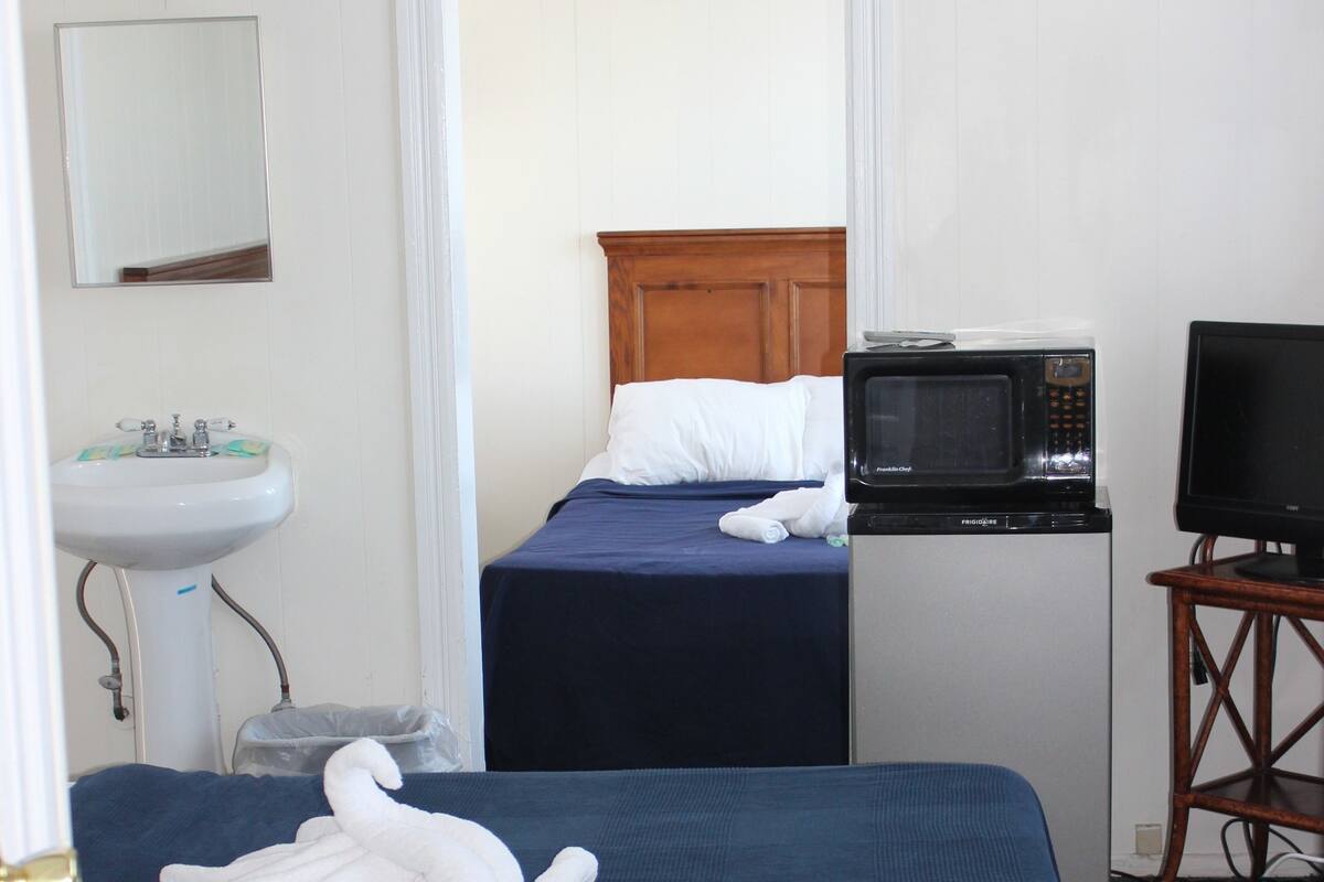 Quarto de hotel com duas camas, pia, micro-ondas e televisão.