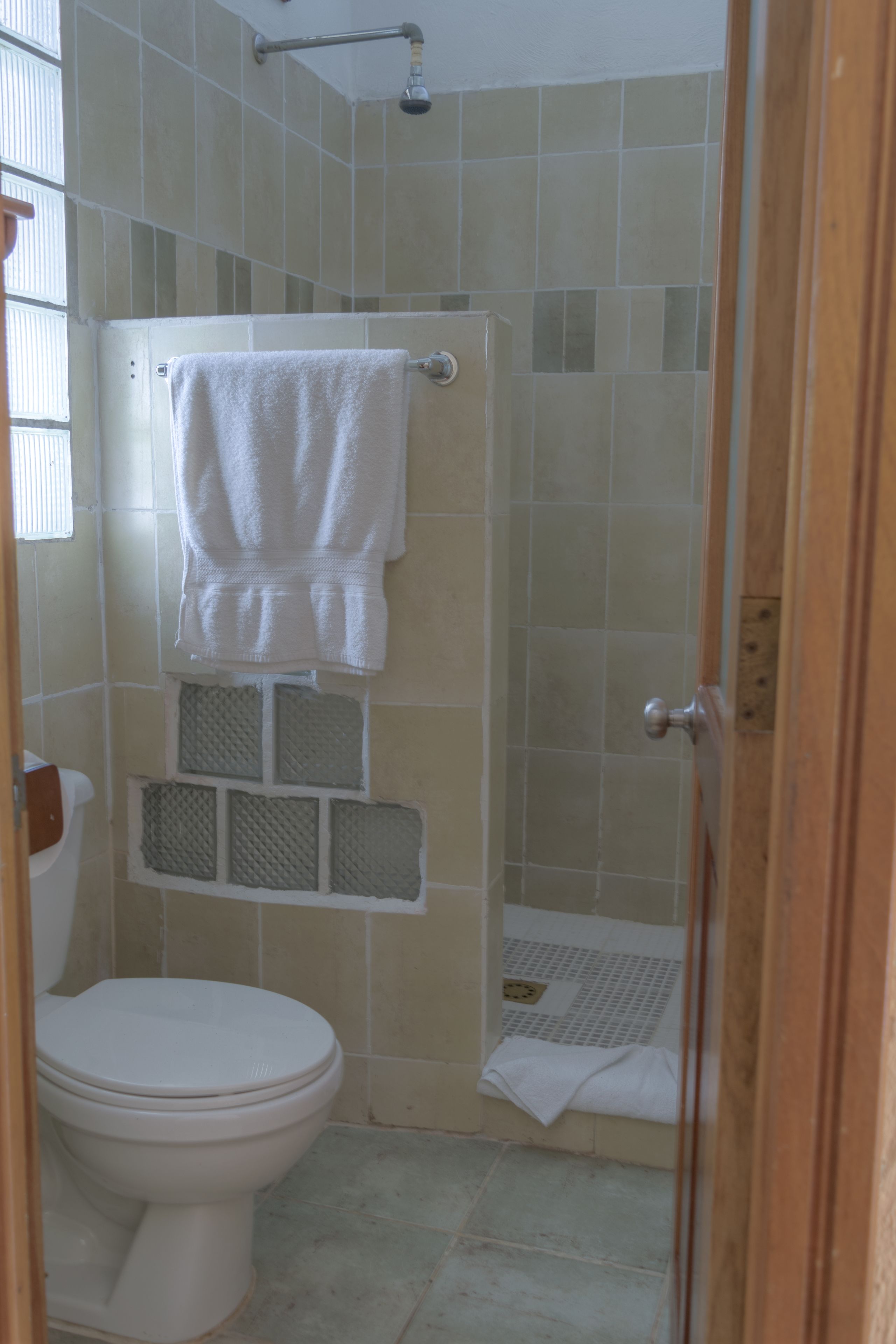 Een badkamer met toilet, douche en handdoekrek.