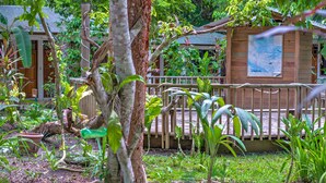 A wooden cabin with a deck, surrounded by lush greenery and a map on the wall. - Hotel Jaguar Inn Tikal (Flores)