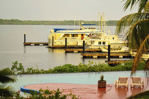 A marina with boats docked, a swimming pool with lounge chairs, and a tropical setting.