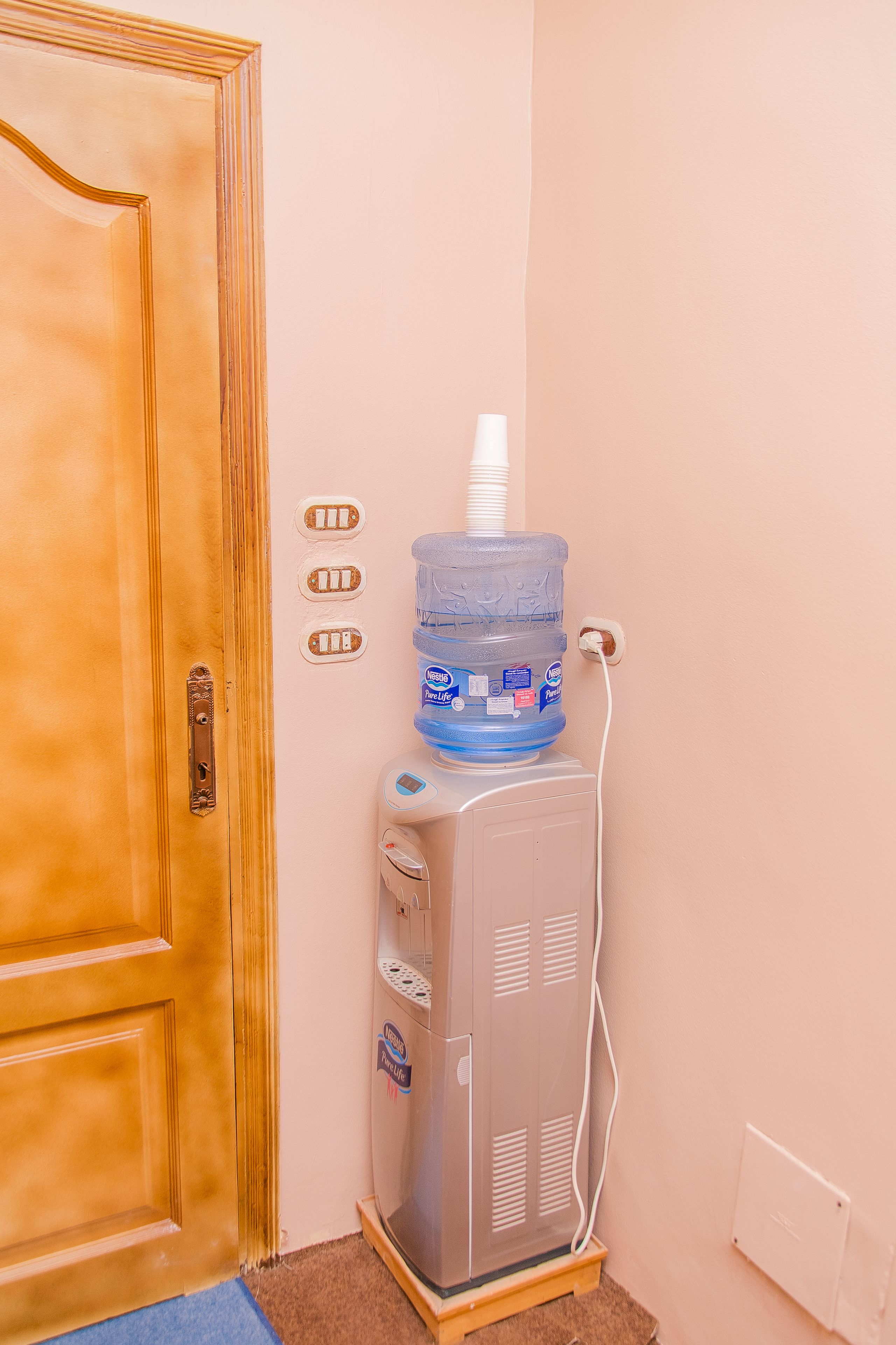 Ein Wasserspender und ein Thermostat an einer Wand neben einer Holztür.