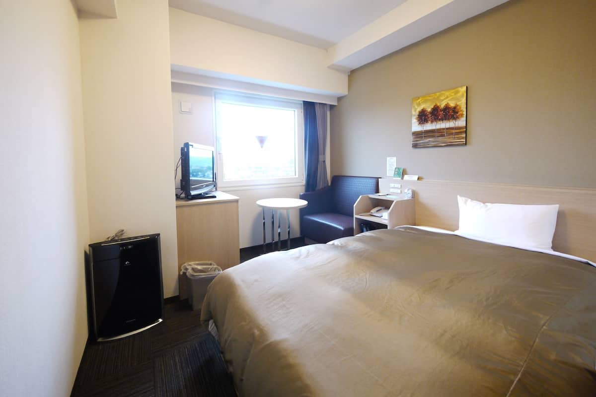A hotel room with a bed, a desk, a chair, a television, and a window.
