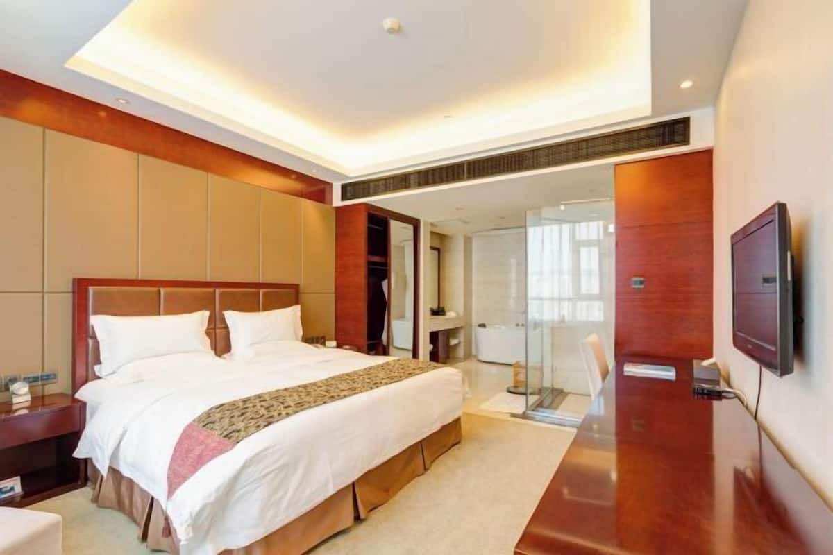 Une chambre d’hôtel moderne avec un grand lit, une télévision, une douche en verre et un plancher en bois.