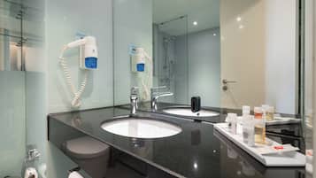Shower, free toiletries, hair dryer, slippers